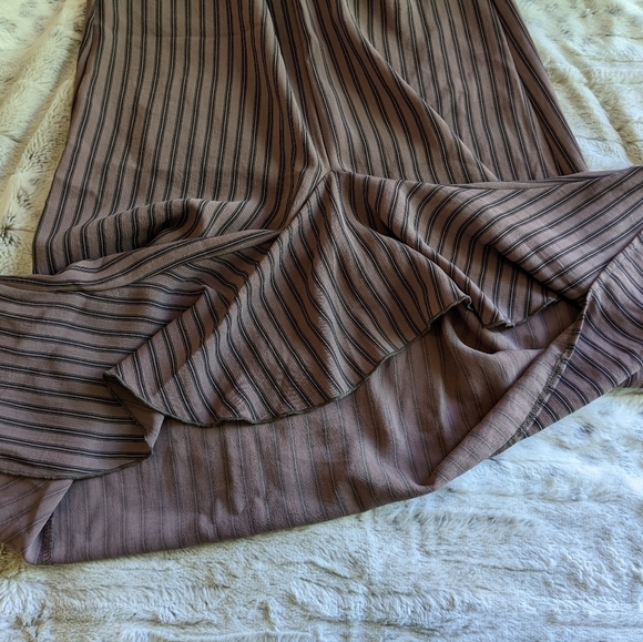 ZARA RUSHED BOHO RUFFLED SHORT SLEEVES BROWN VERTICAL STRIPED MIDI DRESS… - Picture 9 of 16